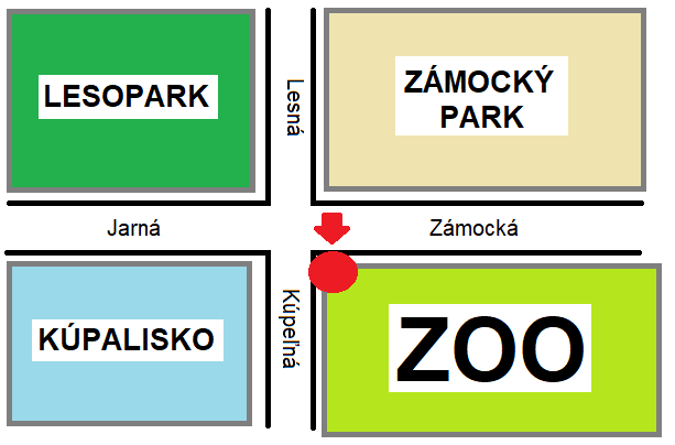 Vchod je na rohu Kúpeľnej a Zámockej ulice.